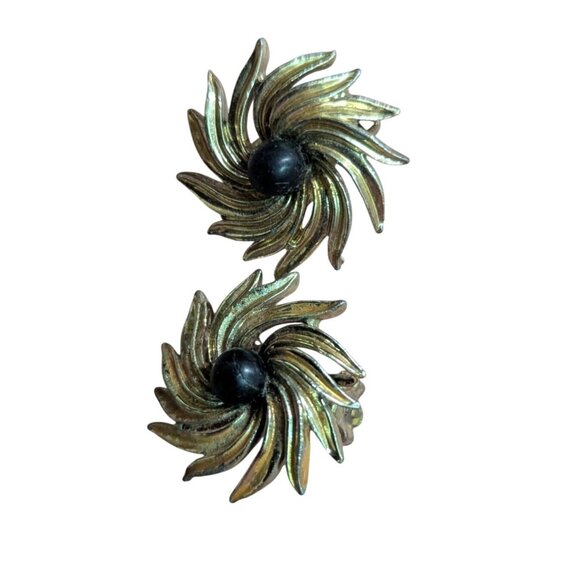 Gold-Tone Vintage Lisner Spiral Clip-On Earrings Black Center Retro Statement - Picture 3 of 6